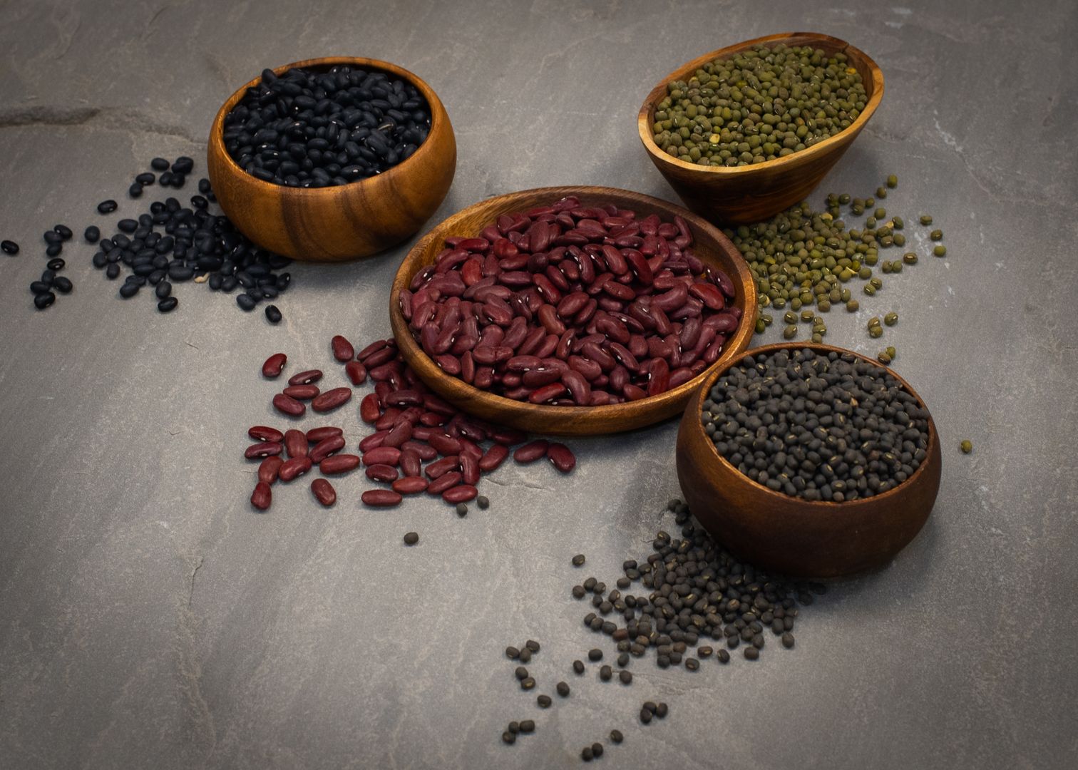 CCOF certified organic beans — dark red kidney, black, mung, and urad varieties
